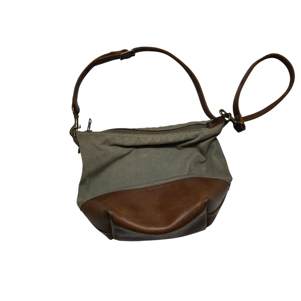 Wood & Faulk Crossbody Bag Womens Medium Green Canvas Leather Made USA Zip Top‎